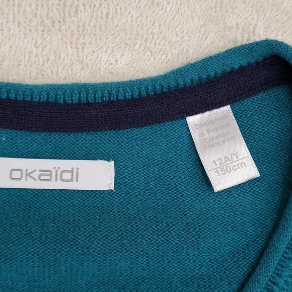 Youth Okaidi Cashmere V-neck Sweater Elbow Patches L 12 A/Y 150cm Wool Cotton - Picture 5 of 11